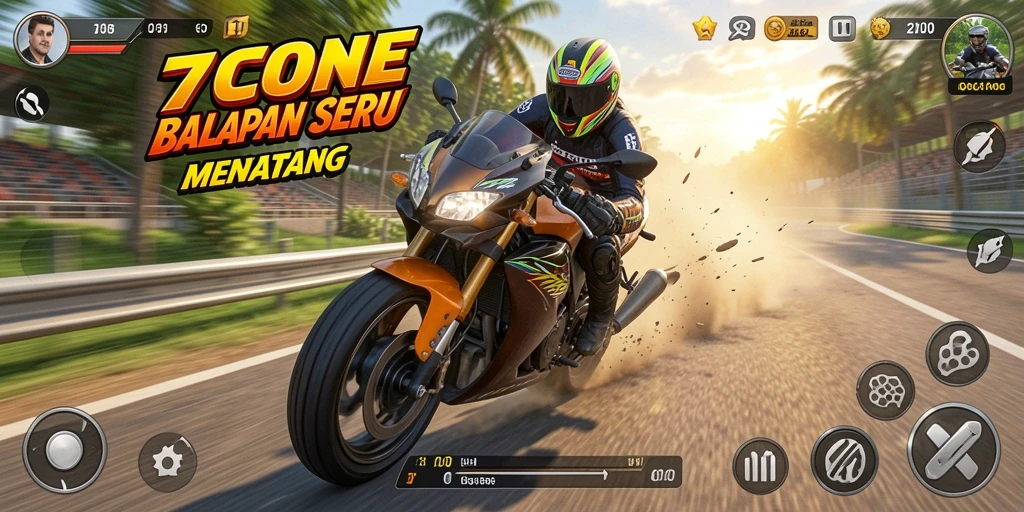 Screenshot gameplay 7CONE menampilkan aksi seru balapan motor.
