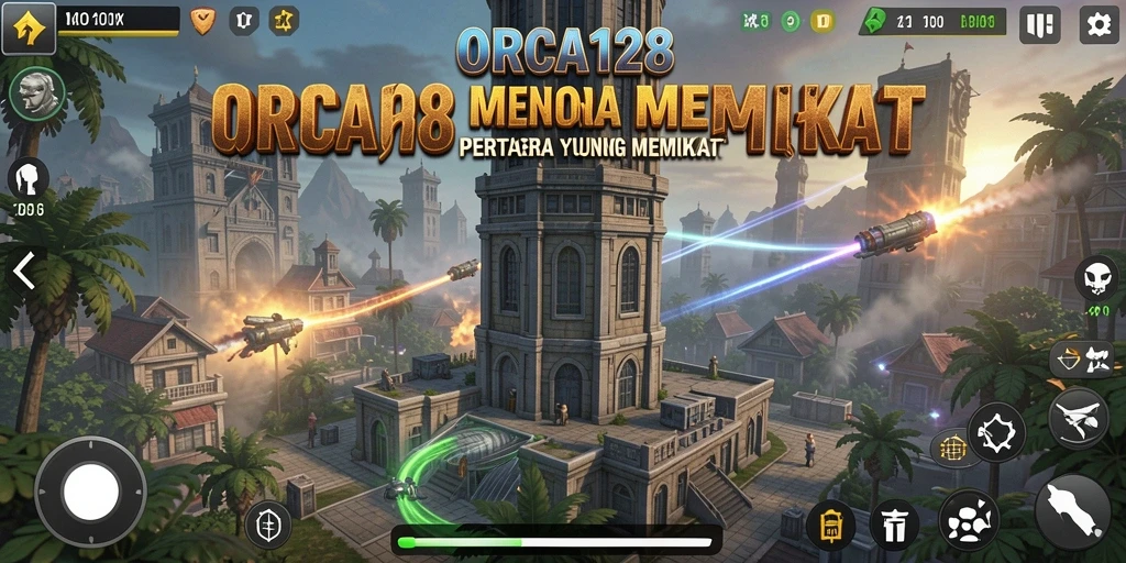 Tangkapan layar gameplay <strong>ORCA128</strong> menampilkan menara yang strategis di medan pertempuran.