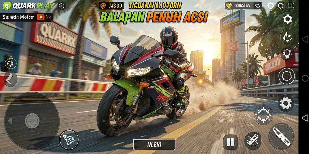 Tampilan gameplay QUARKPLAY yang seru dalam balapan motor.