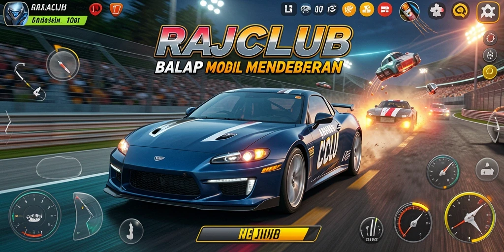 Tangkapan layar gameplay RAJACLUB yang menampilkan aksi balap mobil yang mendebarkan.