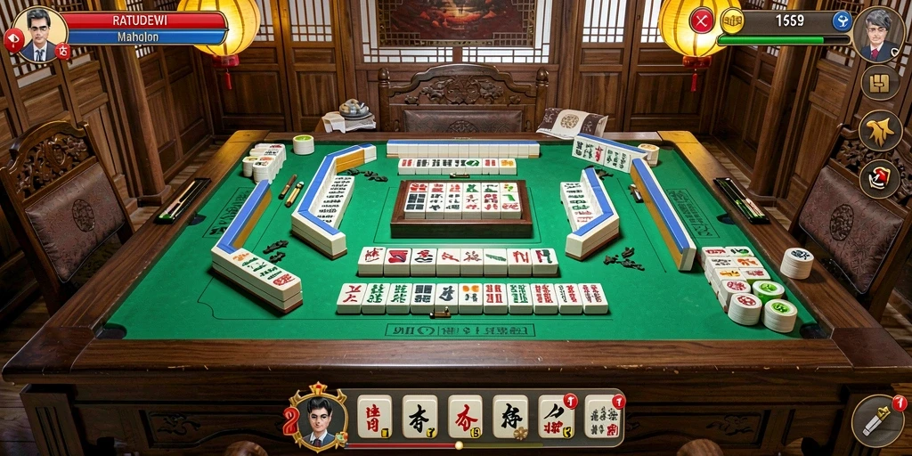 Screenshot gameplay Mahjong dalam RATUDEWI yang menampilkan grafis menarik.